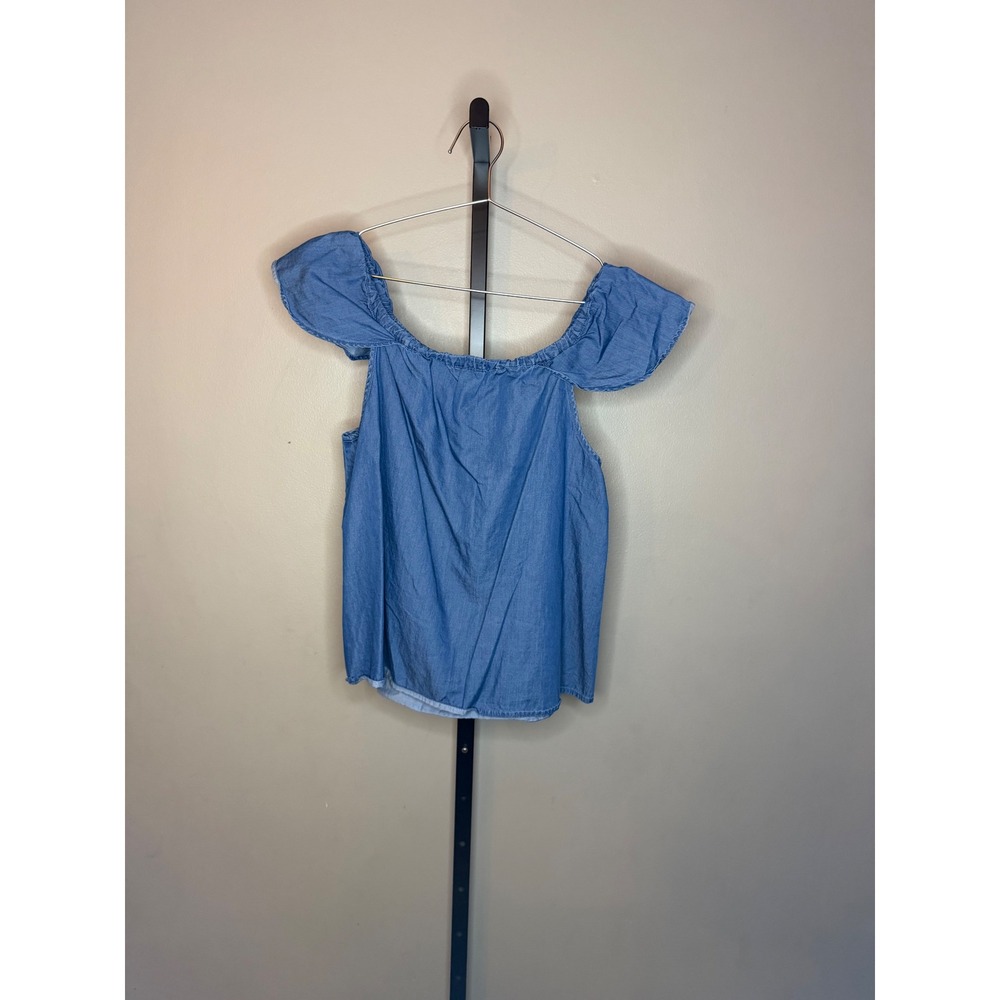 J. Crew Womens Medium Blue Chambray Off The Shoulder Ruffle Sleeve Cotton Top